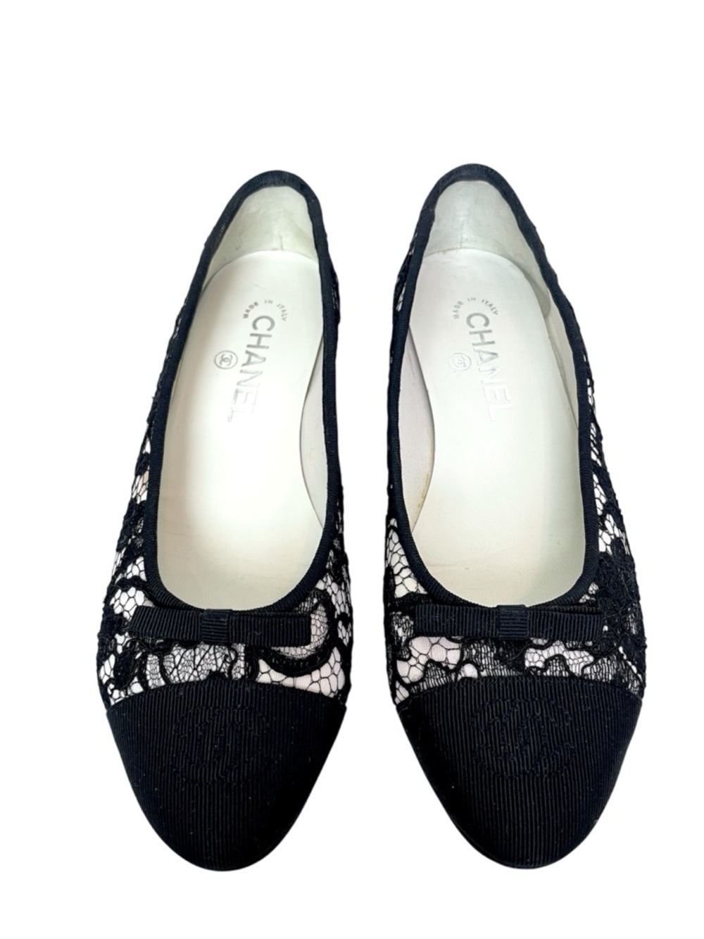 CHANEL Classic CC Cap Toe Grosgrain Bow Floral Lace Ballet Flats \\ 37.5